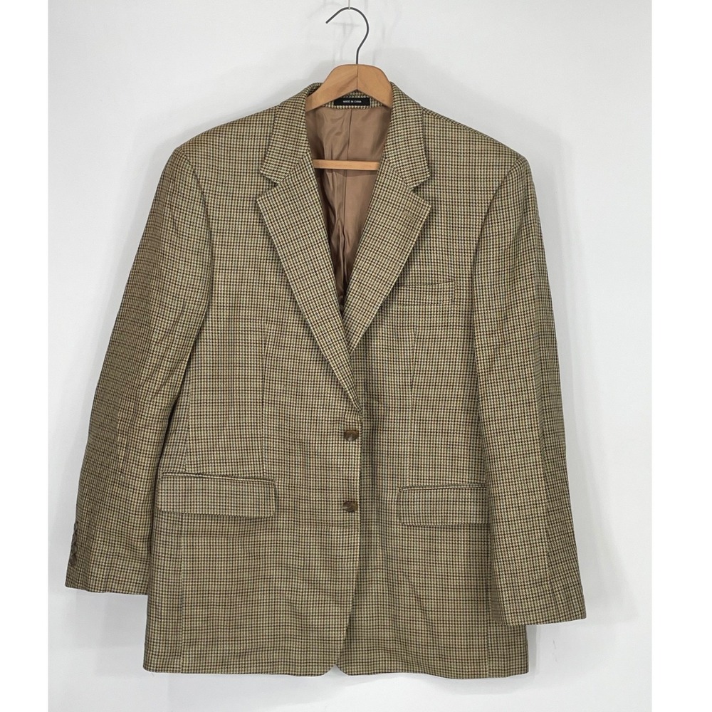 Chaps Men Blazer 42R Sport Coat Tan Brown 100% Silk Houndstooth Preppy Old Money